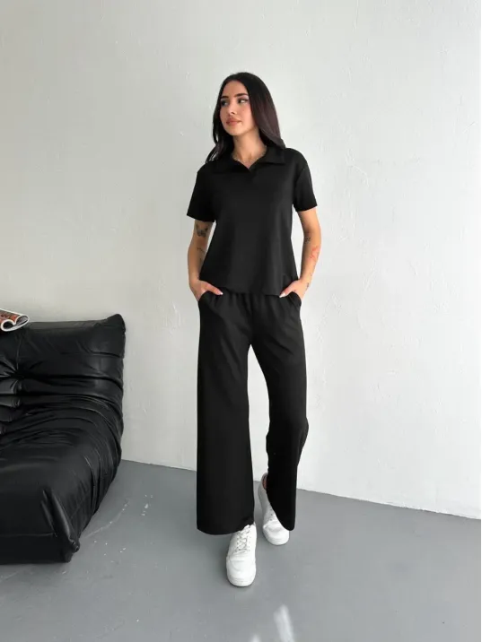 Osy Modal Yumuşak Dokulu Kumaş Kısa Kollu Yakalı T-shirt Pantalon ikili Takım- Siyah