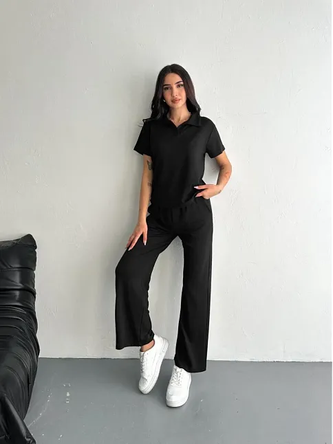 Osy Modal Yumuşak Dokulu Kumaş Kısa Kollu Yakalı T-shirt Pantalon İkili Takım- Siyah