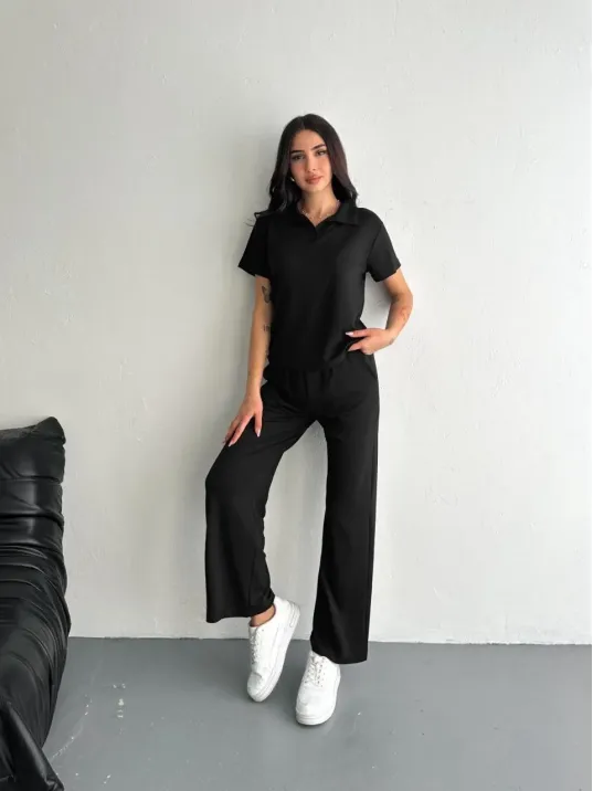 Osy Modal Yumuşak Dokulu Kumaş Kısa Kollu Yakalı T-shirt Pantalon ikili Takım- Siyah