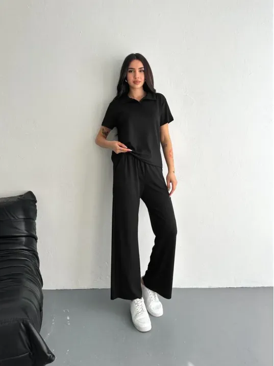 Osy Modal Yumuşak Dokulu Kumaş Kısa Kollu Yakalı T-shirt Pantalon ikili Takım- Siyah