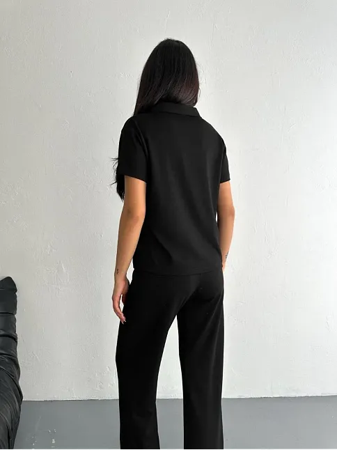 Osy Modal Yumuşak Dokulu Kumaş Kısa Kollu Yakalı T-shirt Pantalon İkili Takım- Siyah