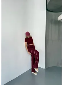 Osy Modal Yumuşak Dokulu Kumaş Nakış İşlemeli Rahat Bol Paça Eşofman Pantalon - Bordo