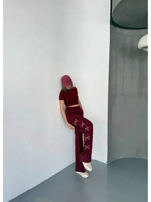 Osy Modal Yumuşak Dokulu Kumaş Nakış İşlemeli Rahat Bol Paça Eşofman Pantalon - Bordo