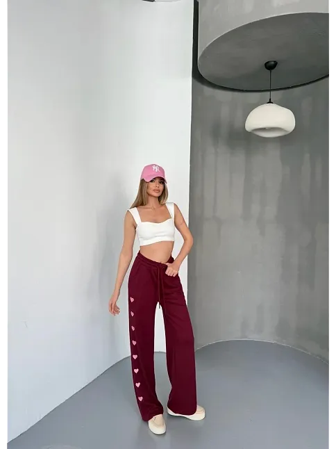 Osy Modal Yumuşak Dokulu Kumaş Nakış İşlemeli Rahat Bol Paça Eşofman Pantalon - Bordo