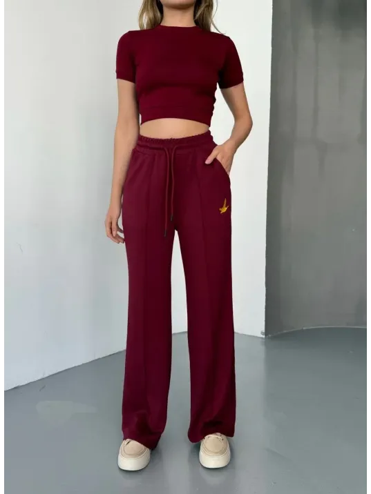 Osy Modal Yumuşak Dokulu Kumaş Nakış işlemeli Rahat Bol Paça Eşofman Pantalon - Bordo Osy Modal Yumuşak Dokulu Kumaş Nakış işlemeli Rahat Bol Paça Eşofman Pantalon - Bordo