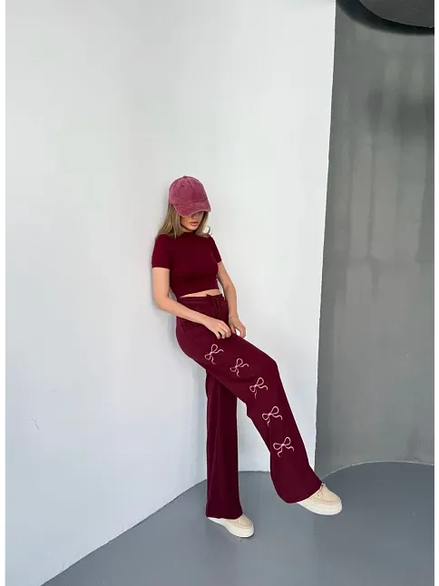 Osy Modal Yumuşak Dokulu Kumaş Nakış İşlemeli Rahat Bol Paça Eşofman Pantalon - Bordo