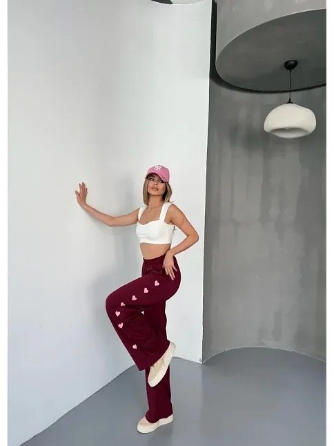 Osy Modal Yumuşak Dokulu Kumaş Nakış İşlemeli Rahat Bol Paça Eşofman Pantalon - Bordo