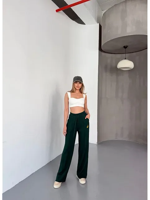 Osy Modal Yumuşak Dokulu Kumaş Nakış İşlemeli Rahat Bol Paça Eşofman Pantalon - Yeşil