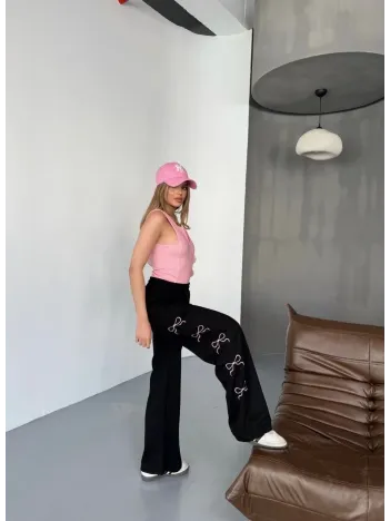 Osy Modal Yumuşak Dokulu Kumaş Nakış işlemeli Rahat Bol Paça Eşofman Pantalon - Siyah