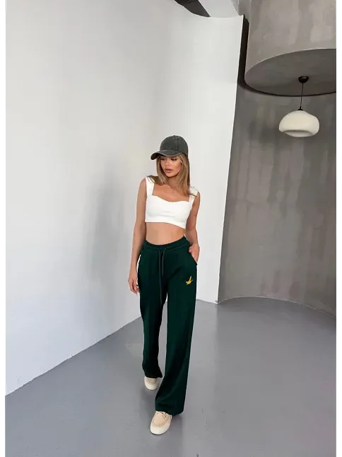 Osy Modal Yumuşak Dokulu Kumaş Nakış İşlemeli Rahat Bol Paça Eşofman Pantalon - Yeşil