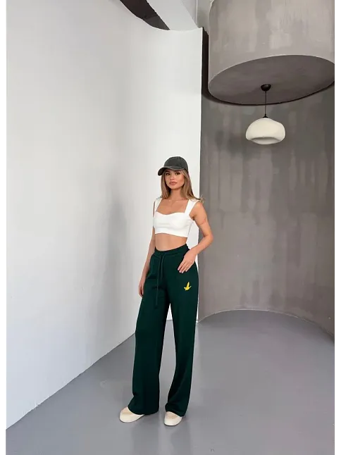 Osy Modal Yumuşak Dokulu Kumaş Nakış İşlemeli Rahat Bol Paça Eşofman Pantalon - Yeşil
