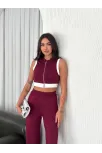 Osy Modal Yumuşak Dokulu Kumaş Tam Fermuarlı Crop Pantalon İkili Takım - Bordo