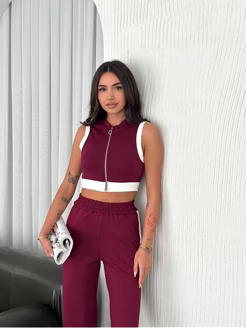 Osy Modal Yumuşak Dokulu Kumaş Tam Fermuarlı Crop Pantalon İkili Takım - Bordo