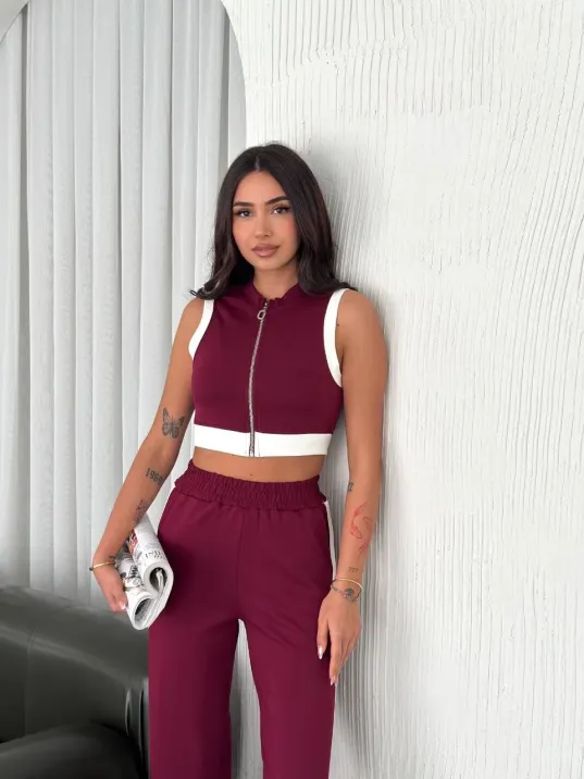 Osy Modal Yumuşak Dokulu Kumaş Tam Fermuarlı Crop Pantalon İkili Takım - Bordo Osy Modal Yumuşak Dokulu Kumaş Tam Fermuarlı Crop Pantalon İkili Takım - Bordo
