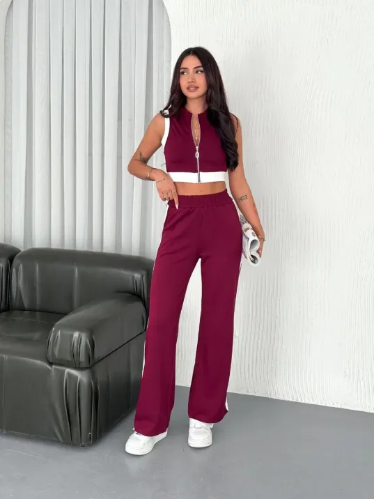 Osy Modal Yumuşak Dokulu Kumaş Tam Fermuarlı Crop Pantalon İkili Takım - Bordo Osy Modal Yumuşak Dokulu Kumaş Tam Fermuarlı Crop Pantalon İkili Takım - Bordo