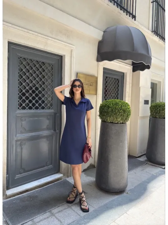 Osy Modal Yumuşak Dokulu Kumaş Yakalı Kısa Kollu Elbise - Mavi