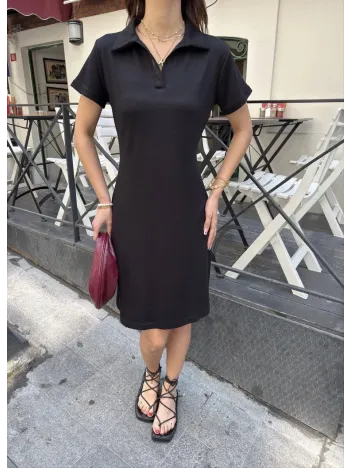 Osy Modal Yumuşak Dokulu Kumaş Yakalı Kısa Kollu Elbise - Siyah Osy Modal Yumuşak Dokulu Kumaş Yakalı Kısa Kollu Elbise - Siyah