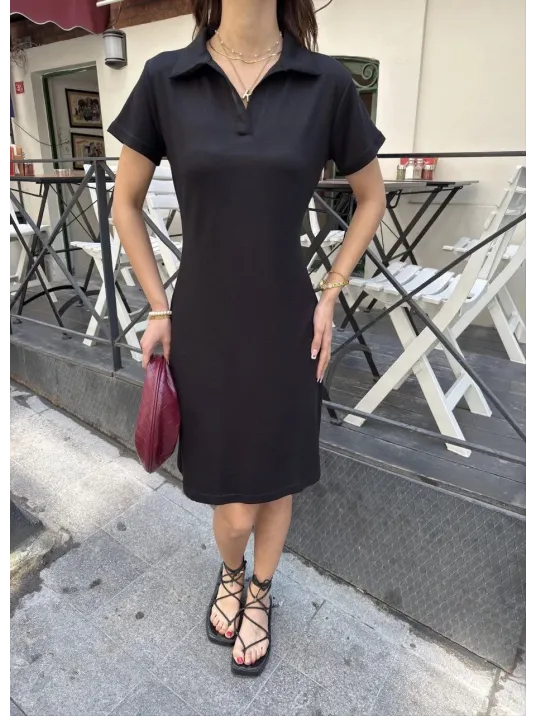 Osy Modal Yumuşak Dokulu Kumaş Yakalı Kısa Kollu Elbise - Siyah