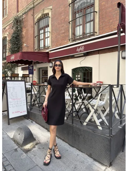 Osy Modal Yumuşak Dokulu Kumaş Yakalı Kısa Kollu Elbise - Siyah