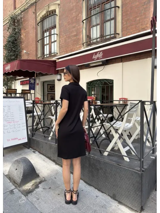 Osy Modal Yumuşak Dokulu Kumaş Yakalı Kısa Kollu Elbise - Siyah