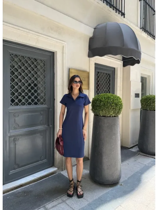 Osy Modal Yumuşak Dokulu Kumaş Yakalı Kısa Kollu Elbise - Mavi