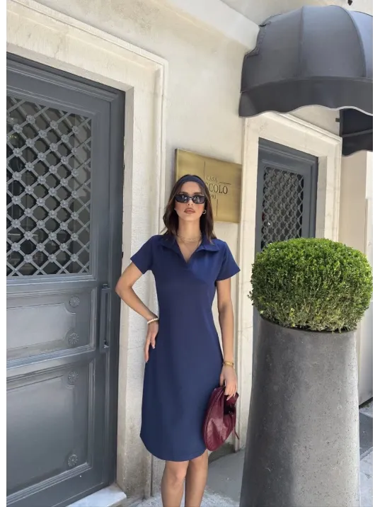 Osy Modal Yumuşak Dokulu Kumaş Yakalı Kısa Kollu Elbise - Mavi