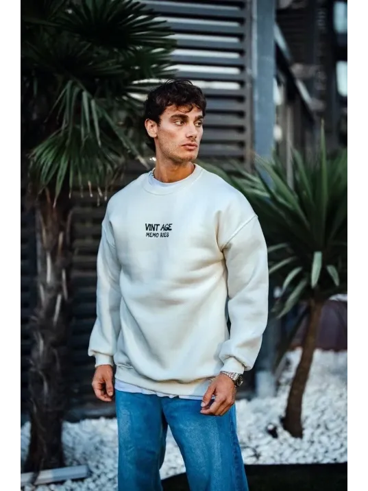 Oversize Bisiklet Yaka Üç İplik Baskılı SweatShirt - Beyaz