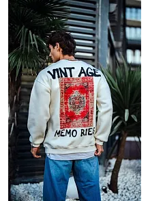 Oversize Bisiklet Yaka Üç İplik Baskılı Sweatshirt - Beyaz