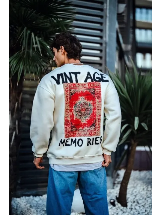 Oversize Bisiklet Yaka Üç İplik Baskılı SweatShirt - Beyaz