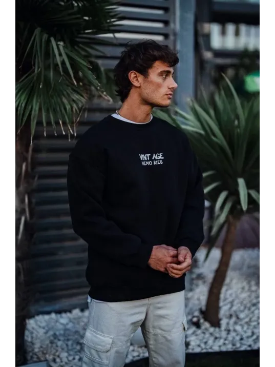 Oversize Bisiklet Yaka Üç İplik Baskılı SweatShirt - Siyah