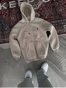 Oversize Tam Fermuarlı Uzun Kol Hırka - Bej