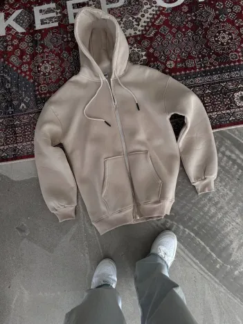Oversize Tam Fermuarlı Uzun Kol Hırka - Bej Oversize Tam Fermuarlı Uzun Kol Hırka - Bej