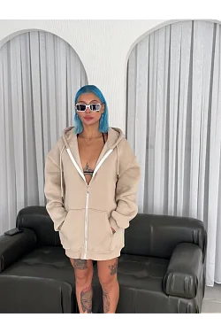 Kadın 3 İplik Pamuklu Kapüşonlu Kanguru Cepli Baskılı Oversize Hoodie Sweatshirt - Bej
