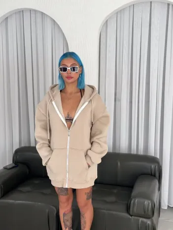 Oversize Tam Fermuarlı Uzun Kol Hırka - Bej Oversize Tam Fermuarlı Uzun Kol Hırka - Bej