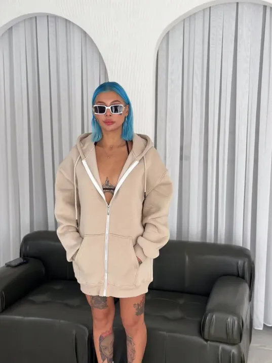 Oversize Tam Fermuarlı Uzun Kol Hırka - Bej Oversize Tam Fermuarlı Uzun Kol Hırka - Bej