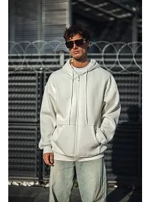 Oversize Tam Fermuarlı Uzun Kol Hırka - Beyaz