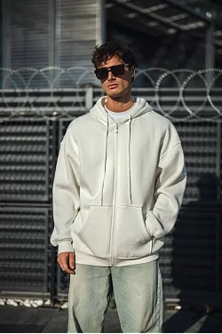 Erkek Tam Fermuarlı Cepli Kapüşonlu 3 İplik Pamuklu Hoodie Sweatshirt - Beyaz