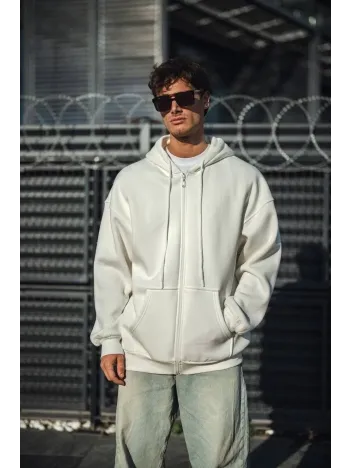 Oversize Tam Fermuarlı Uzun Kol Hırka - Beyaz