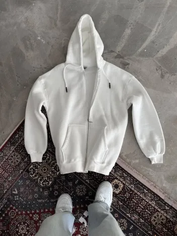 Oversize Tam Fermuarlı Uzun Kol Hırka - Beyaz Oversize Tam Fermuarlı Uzun Kol Hırka - Beyaz