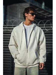 Oversize Tam Fermuarlı Uzun Kol Hırka - Beyaz