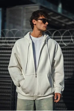 Erkek Tam Fermuarlı Cepli Kapüşonlu 3 İplik Pamuklu Hoodie Sweatshirt - Beyaz Erkek Tam Fermuarlı Cepli Kapüşonlu 3 İplik Pamuklu Hoodie Sweatshirt - Beyaz