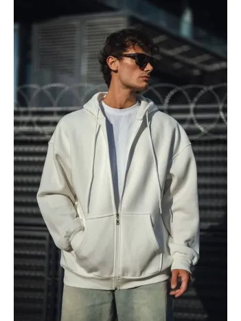 Oversize Tam Fermuarlı Uzun Kol Hırka - Beyaz Oversize Tam Fermuarlı Uzun Kol Hırka - Beyaz