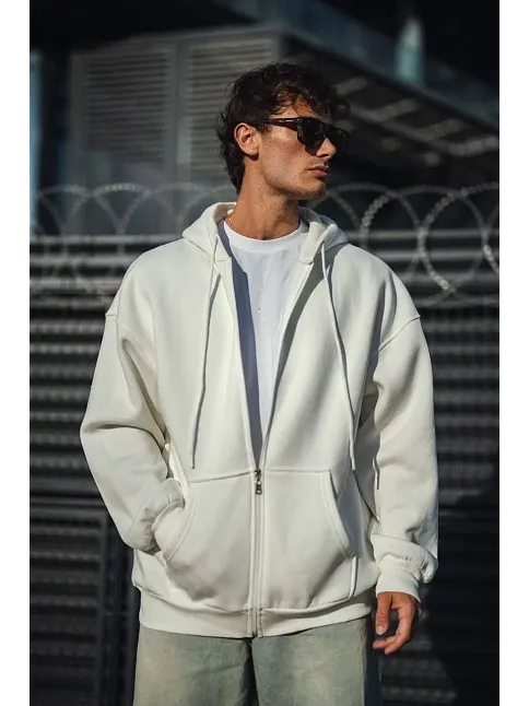 Oversize Tam Fermuarlı Uzun Kol Hırka - Beyaz
