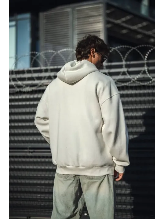 Oversize Tam Fermuarlı Uzun Kol Hırka - Beyaz