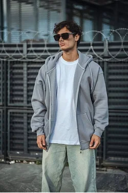 Erkek Tam Fermuarlı Cepli Kapüşonlu 3 İplik Pamuklu Hoodie Sweatshirt - Gri Erkek Tam Fermuarlı Cepli Kapüşonlu 3 İplik Pamuklu Hoodie Sweatshirt - Gri