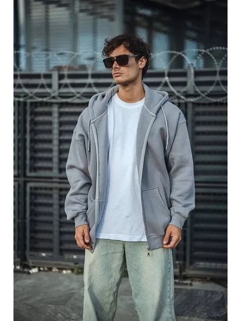 Oversize Tam Fermuarlı Uzun Kol Hırka - Gri