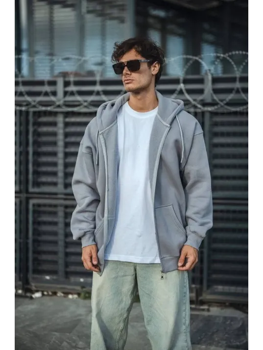 Oversize Tam Fermuarlı Uzun Kol Hırka - Gri
