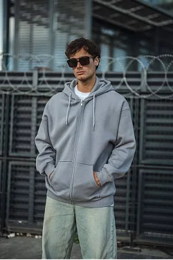 Erkek Tam Fermuarlı Cepli Kapüşonlu 3 İplik Pamuklu Hoodie Sweatshirt - Gri