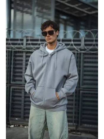 Oversize Tam Fermuarlı Uzun Kol Hırka - Gri