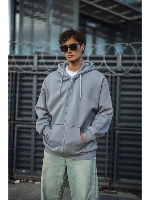 Oversize Tam Fermuarlı Uzun Kol Hırka - Gri